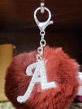 Monogram 'A' Rust Brown Fur Pom Keychain with Crystal Accent Bag Charm